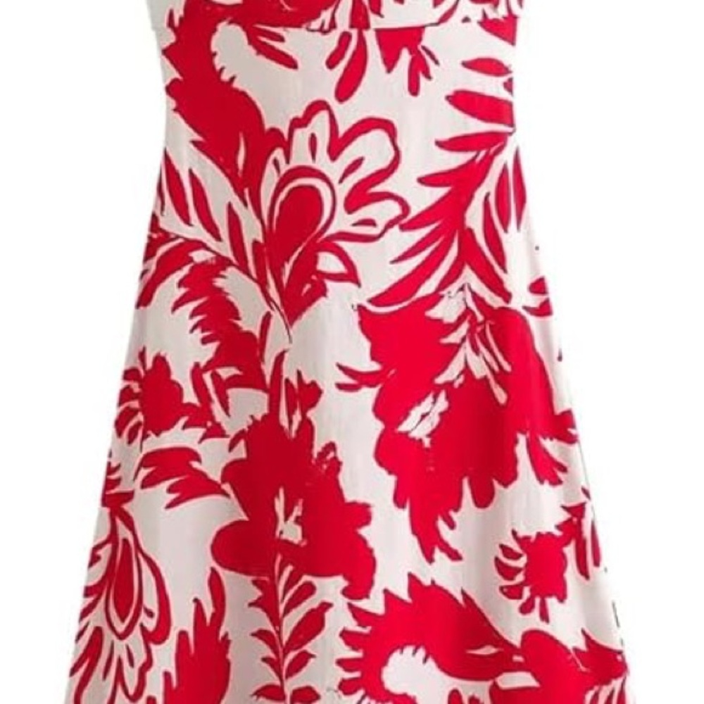 Zara Midi Printed Linen Dress Red and White Sz M New
